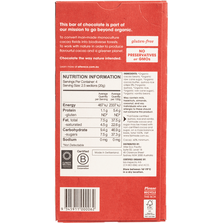 alter eco chocolate deep dark quinoa crunch organic 80g