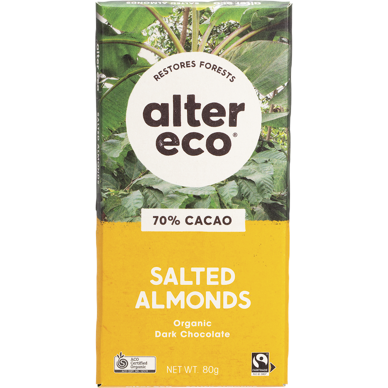 alter eco chocolate deep dark salted almonds organic 80g