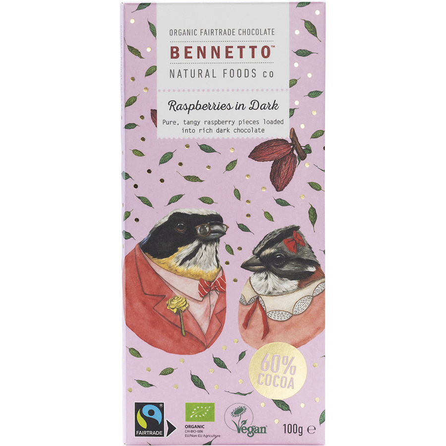 bennetto organic dark chocolate raspberries 100g