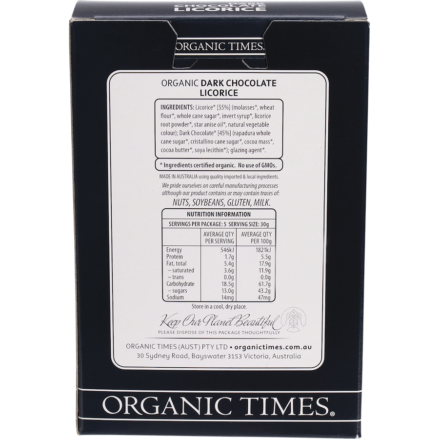 organic times dark chocolate licorice organic 150g