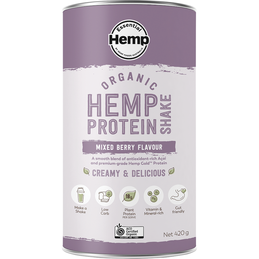 essential hemp organic protein shake mixed berry 420g