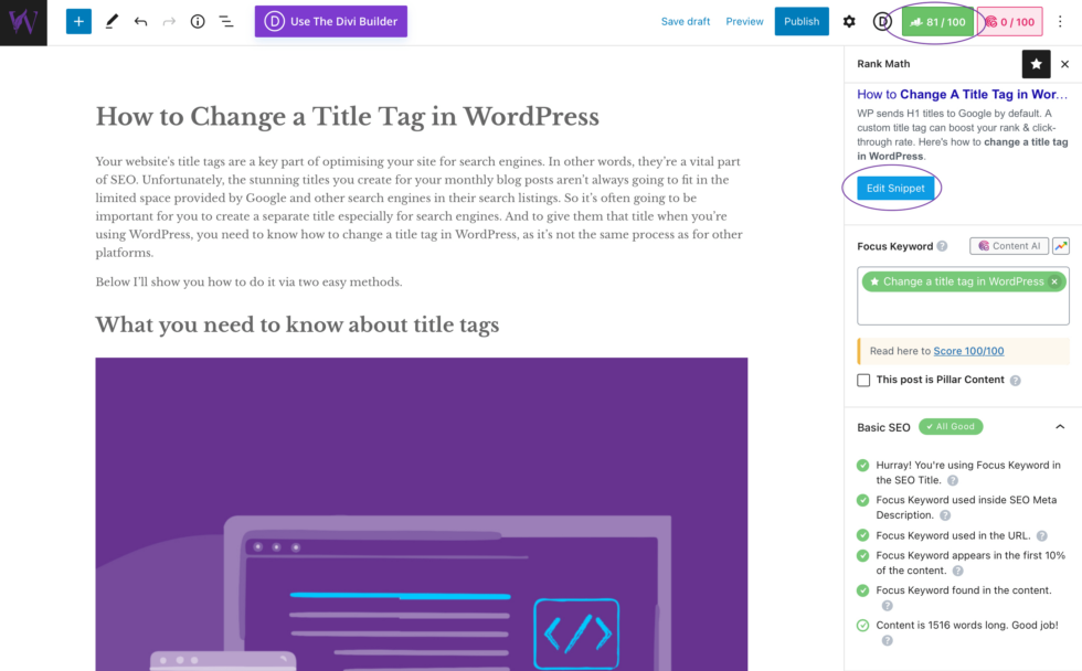 How to Change a Title Tag in WordPress 3 A screenshot showing the RankMath button at the top right of the screen and the edit snippet button just below that.