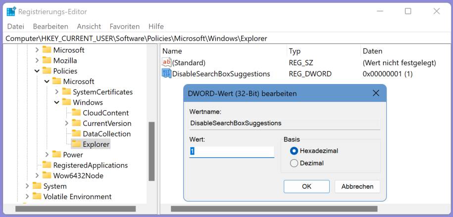 Bild 3: Dieser Eintrag verhindert, dass im Startmenü Eingetipptes an Bing übermittelt wird img-4