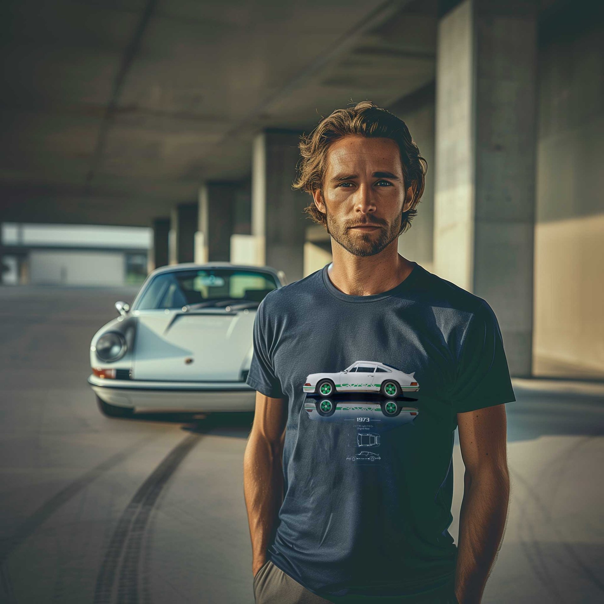 Man with classic car t-shirt, vintage Porsche background.