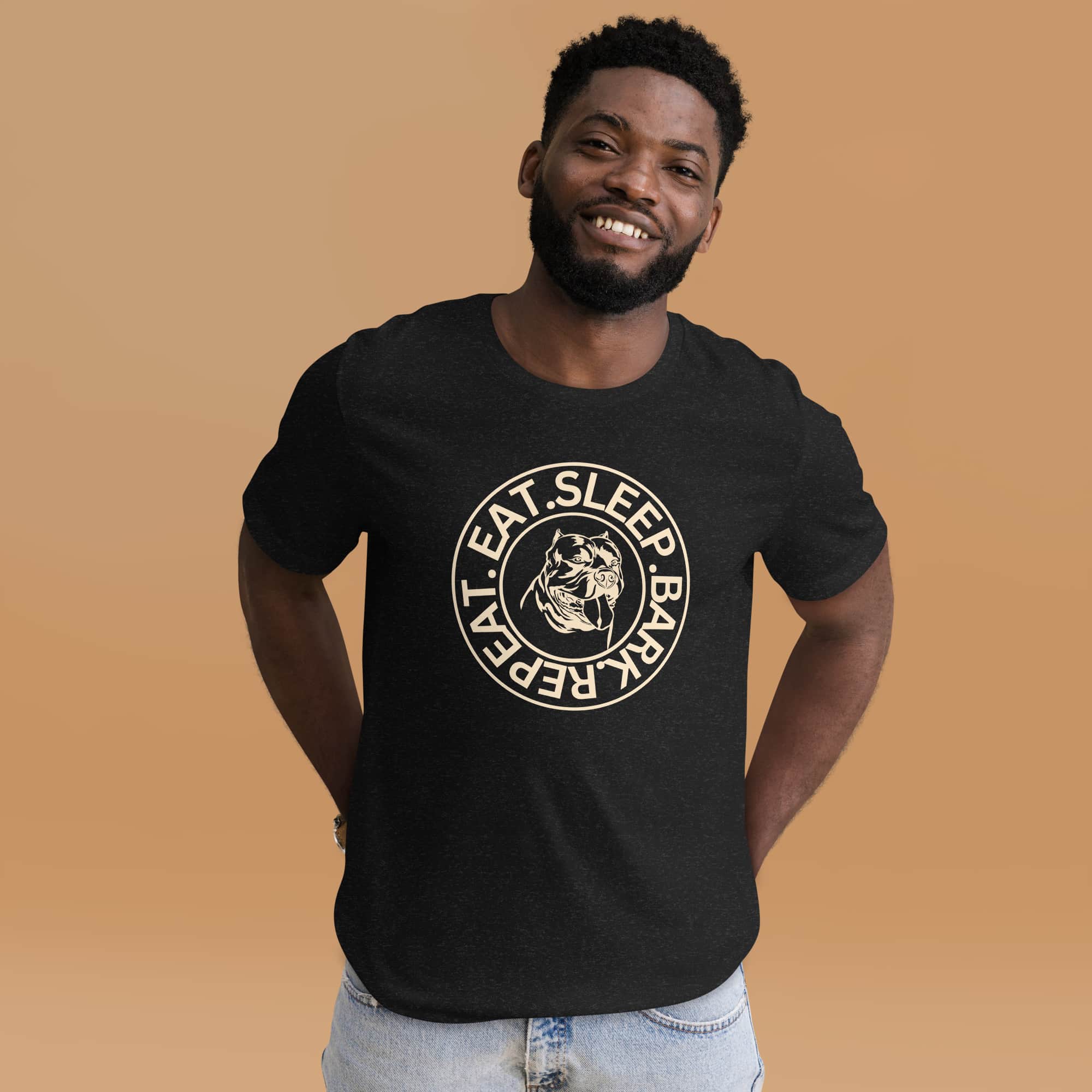 Eat Sleep Bark Repeat Bulldog Unisex T-Shirt. Black Heather. Male