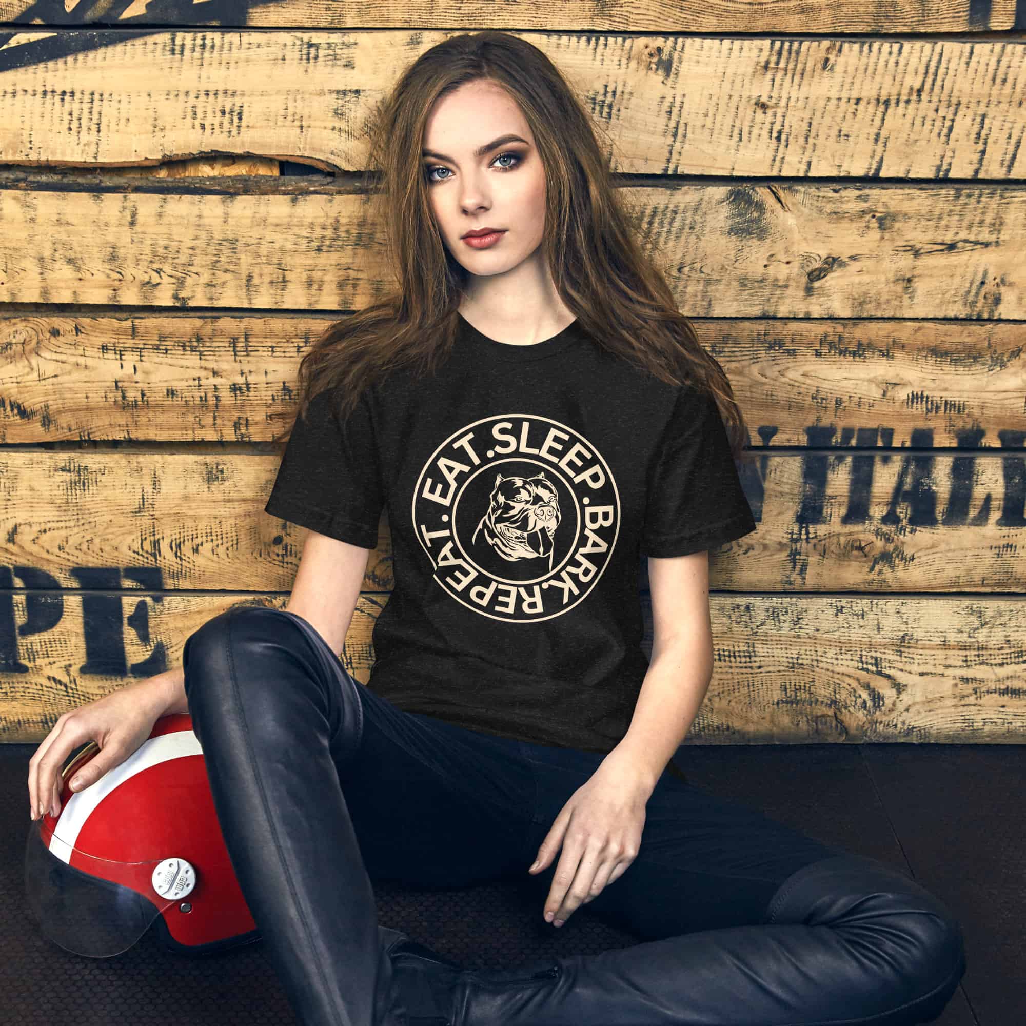 Eat Sleep Bark Repeat Bulldog Unisex T-Shirt. Black Heather. Female