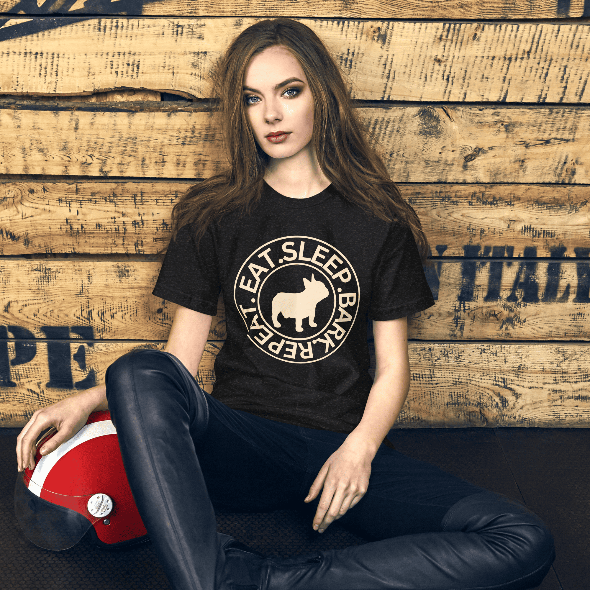 The "Eat Sleep Bark Repeat" French Bulldog Unisex T-Shirt. Female