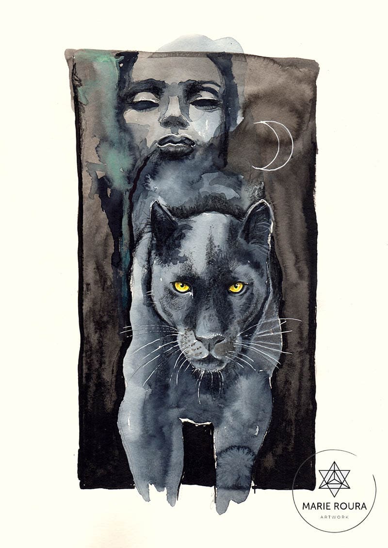 Une aquarelle de La Panthère noire Animal totem aux yeux jaunes.