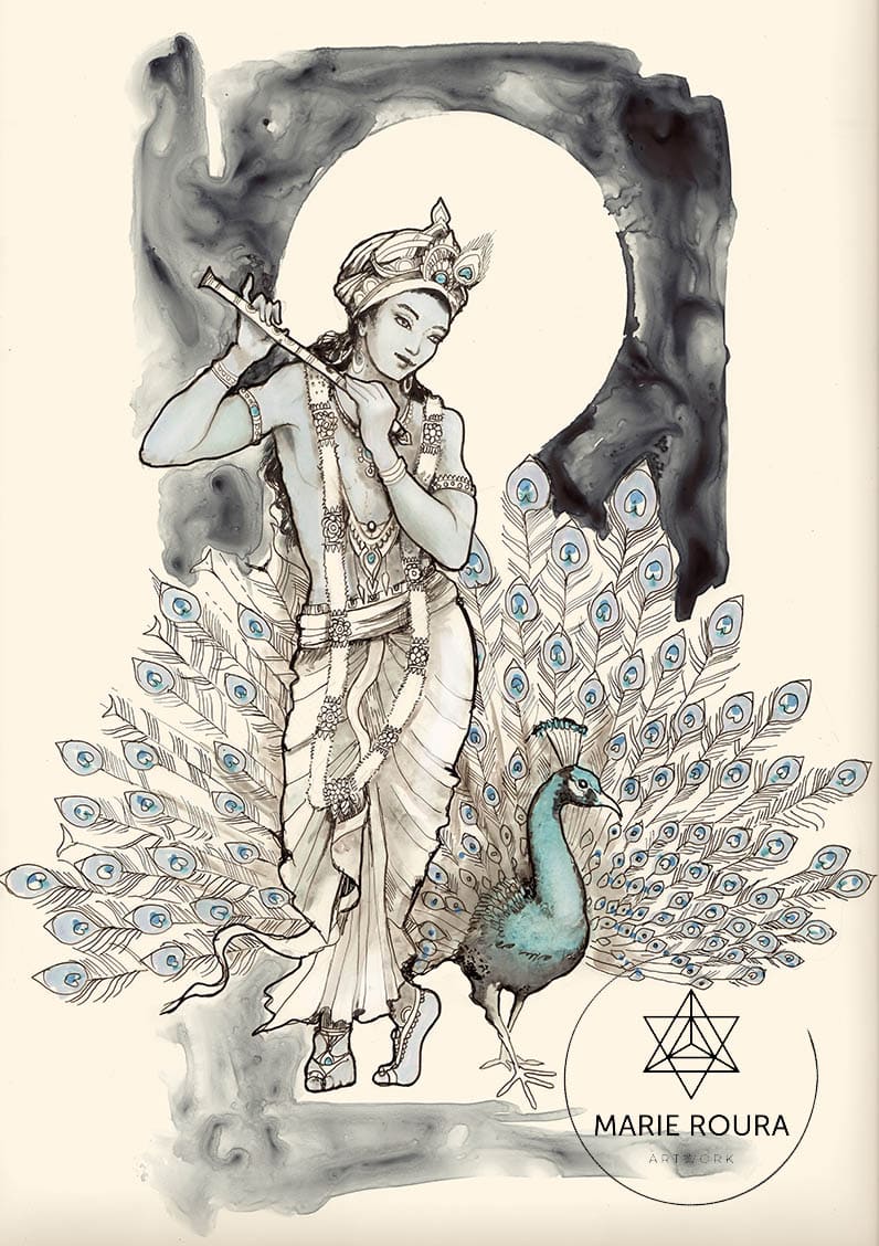 dieu hindou Krishna avec un paon.