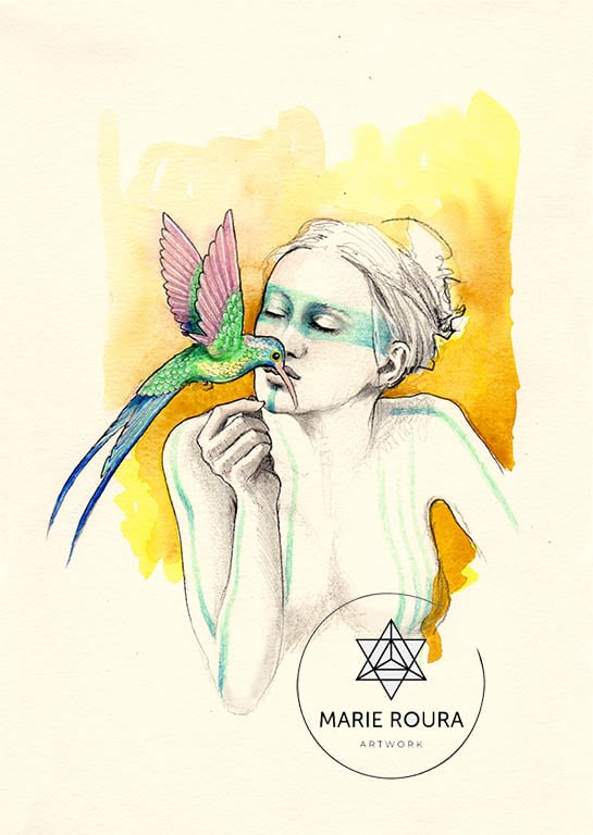 Un dessin à l'aquarelle animaux totem d'une femme avec un Colibri