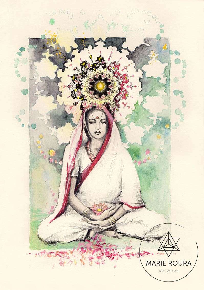 Une peinture de Ma Ananda Moyi assise en position du lotus.