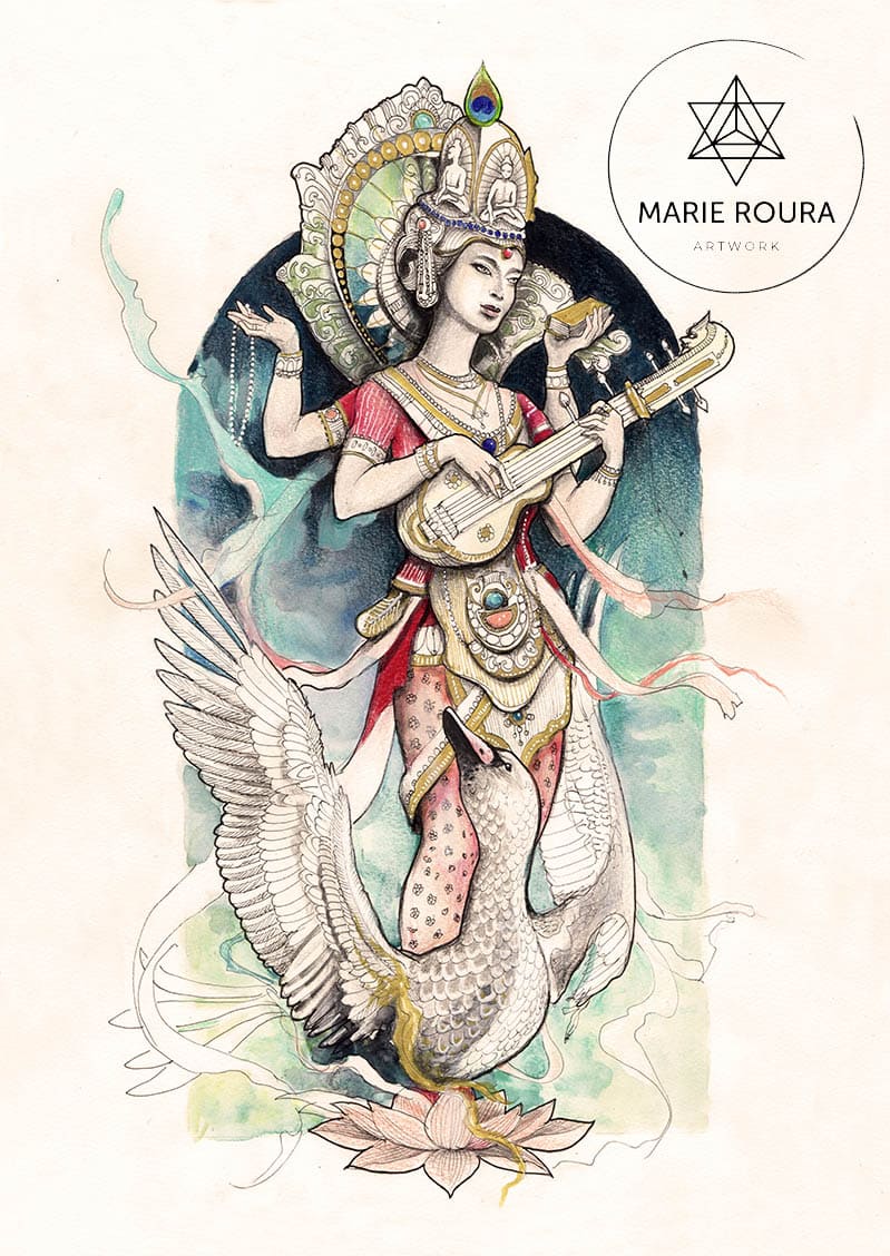 Un dessin de Sarasvati avec un cygne et une guitare.