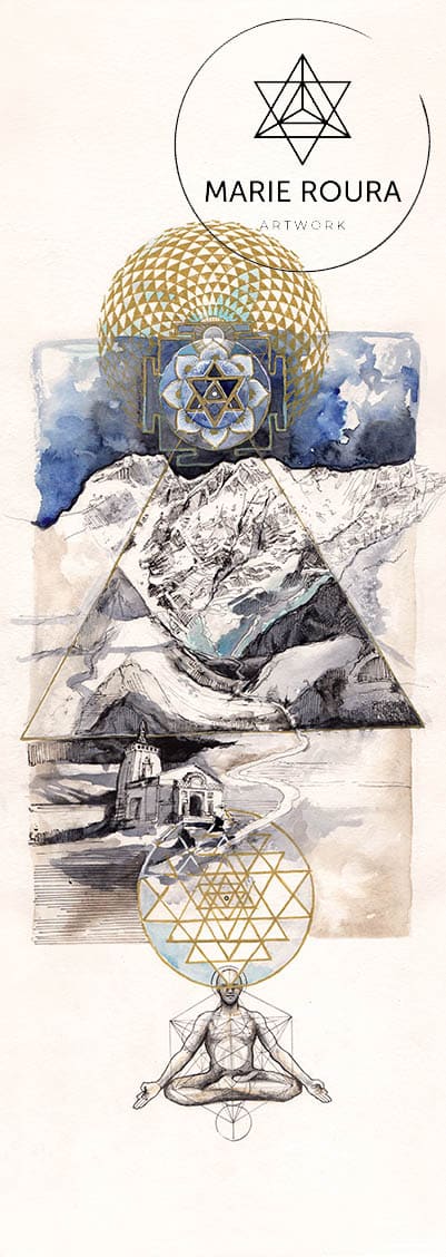 Un dessin du temple kedarnath avec La montagne sacrée en arrière-plan.