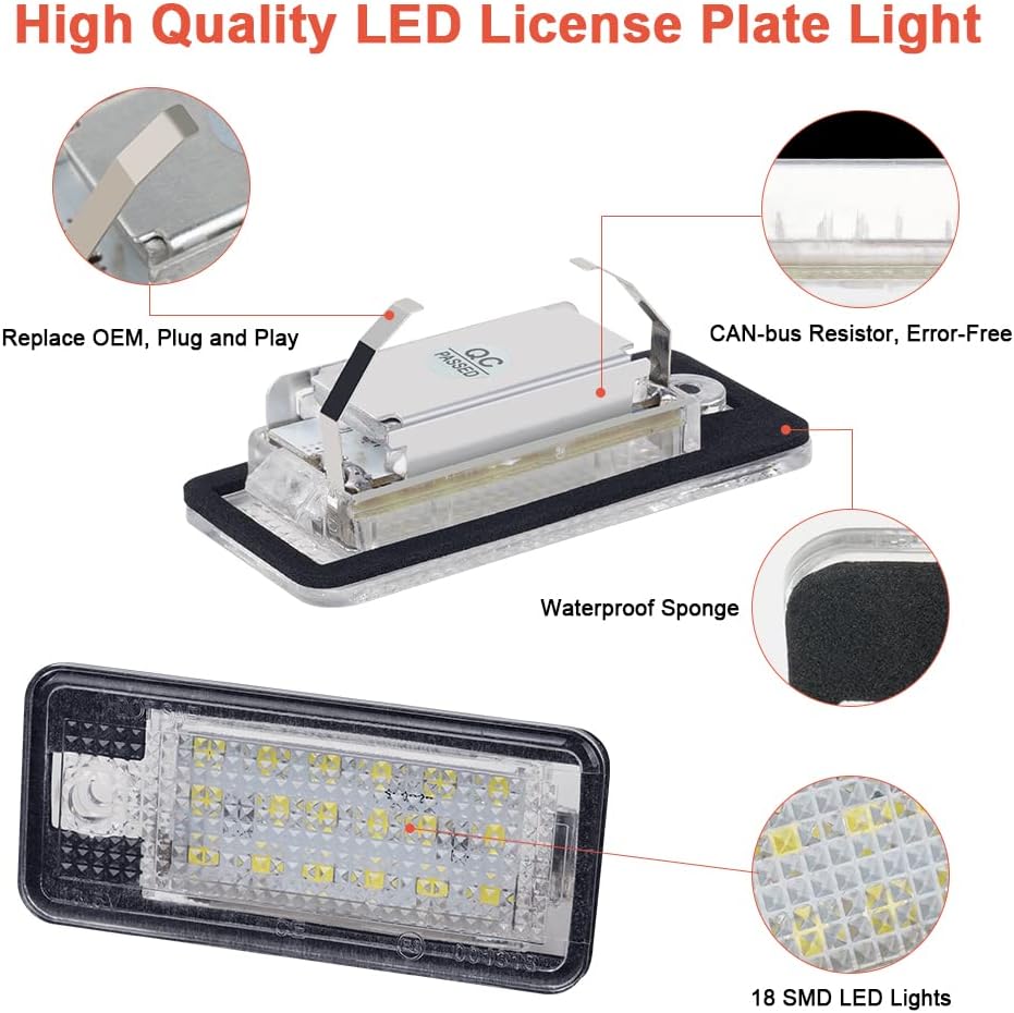 uraqt ampoules led de plaque d'immatriculation super lumineuses canbus sans erreur 6000 k xénon blanc 18smd, 2 pièces led éclairage de plaque d'immatriculation pour a/udi a3 s3 a4 s4 a6 s6 c6 a8 s8 q7 rs4 rs6