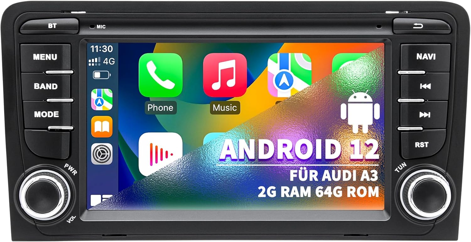 autoradio pour audi a3 s3 8p rs3 2003 2004 2005 2006 2007 2008 2009 2010 2011 2012, système android 12 2g+64g avec android auto carplay, écran tactile 7