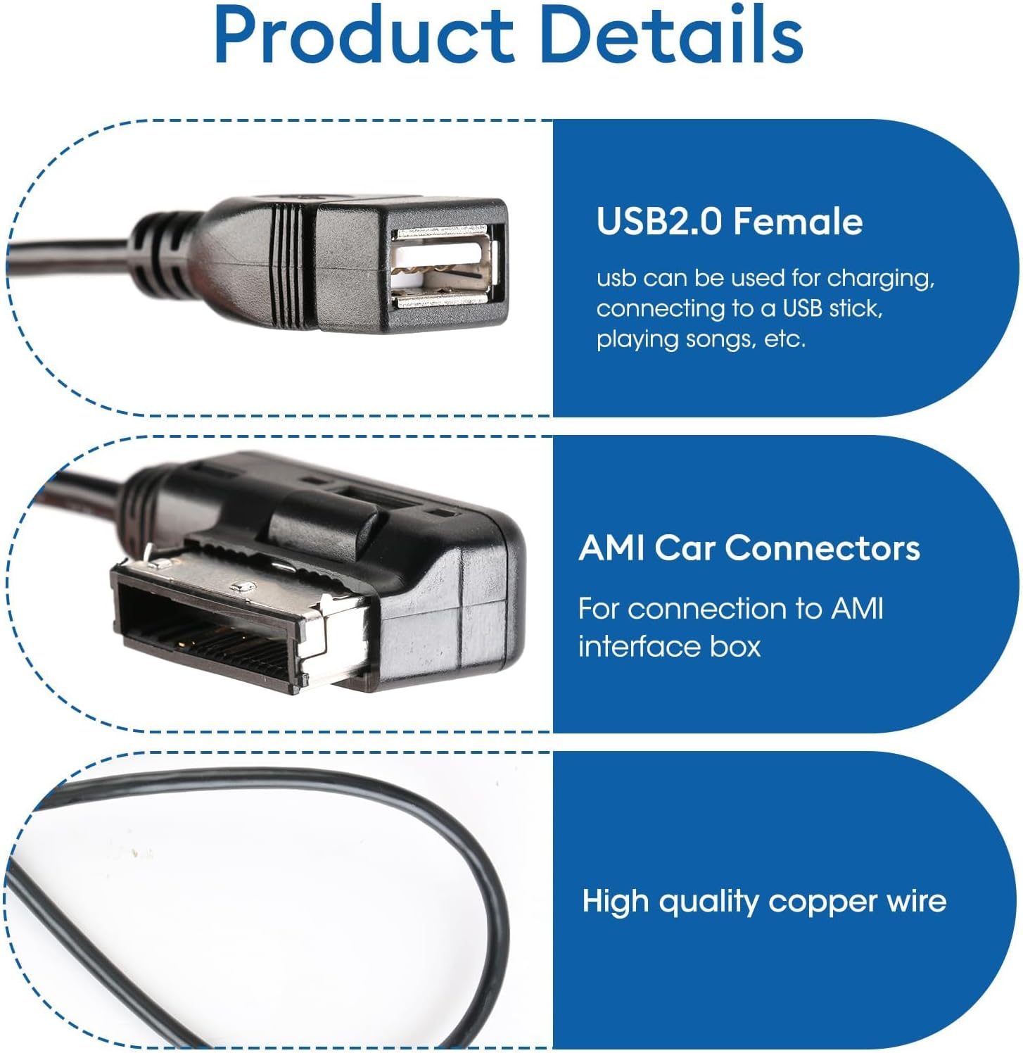 ami mdi mmi usb audio aux câble adaptateur mp3 câble adaptateur compatible avec audi a3 a4l a5 a6l a8 q5 q7 r8 tt multimédia/musique interface, 30 cm