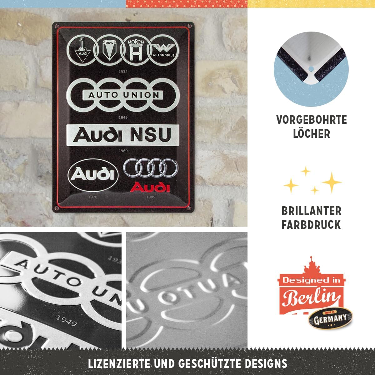 nostalgic art plaque vintage audi – logo evolution – idée cadeau pour les fans de voitures, métal, design rétro pour la décoration, 30 x 40 cm