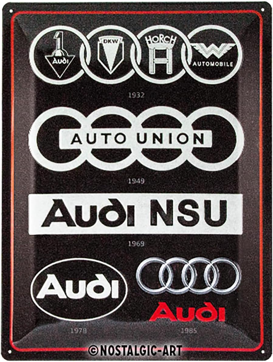 nostalgic art plaque vintage audi – logo evolution – idée cadeau pour les fans de voitures, métal, design rétro pour la décoration, 30 x 40 cm