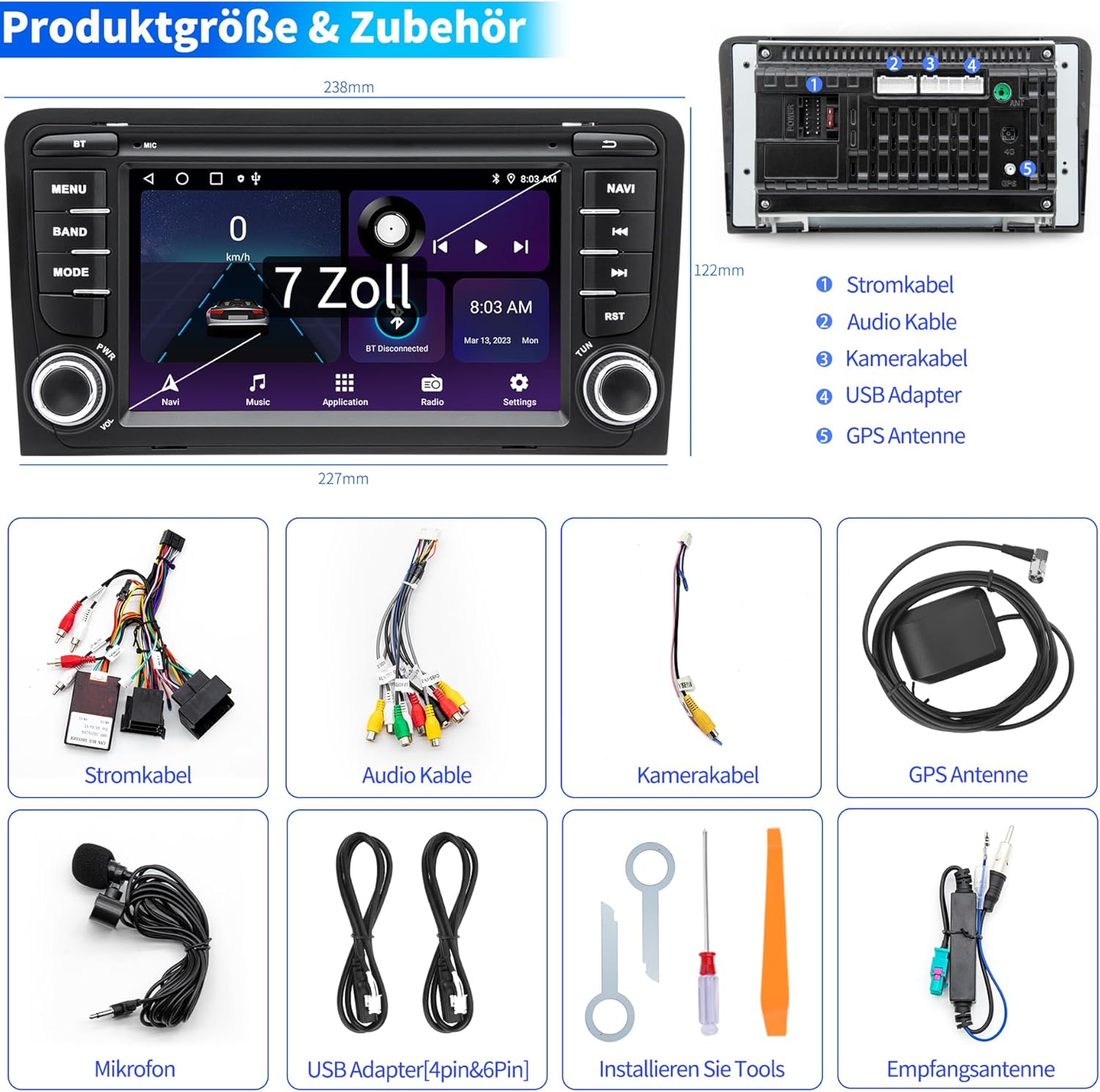 autoradio pour audi a3 s3 8p rs3 2003 2004 2005 2006 2007 2008 2009 2010 2011 2012, système android 12 2g+64g avec android auto carplay, écran tactile 7