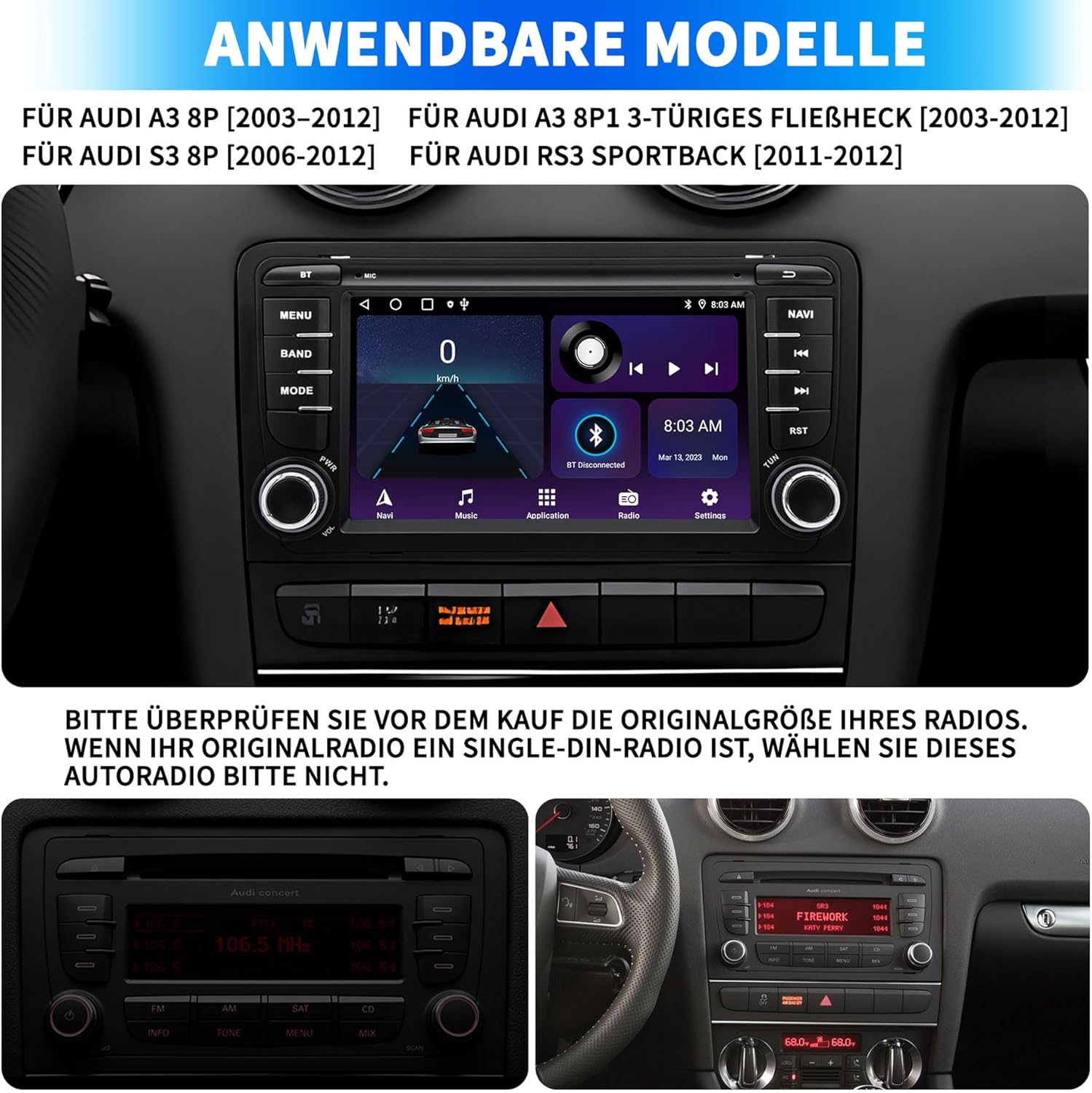 autoradio pour audi a3 s3 8p rs3 2003 2004 2005 2006 2007 2008 2009 2010 2011 2012, système android 12 2g+64g avec android auto carplay, écran tactile 7