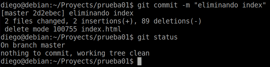 18 git commit tras eliminación mediante git