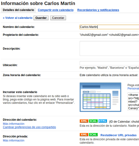 Dirección privada XML Google Calendar