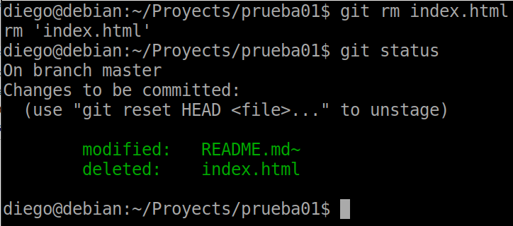 17 git status tras eliminación mediante git