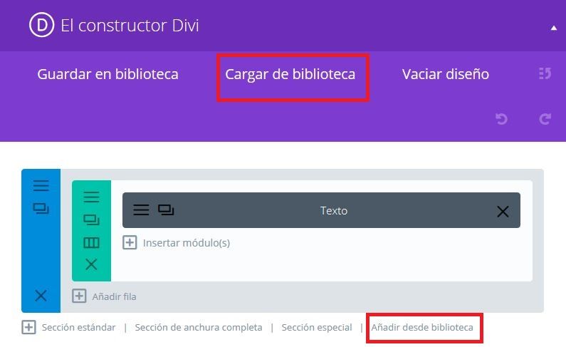 Constructor Divi agregar desde biblioteca