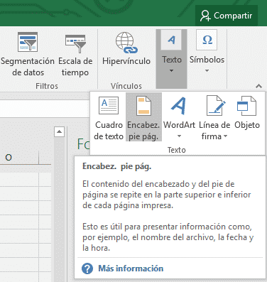 Insertar encabezado y pie en Excel