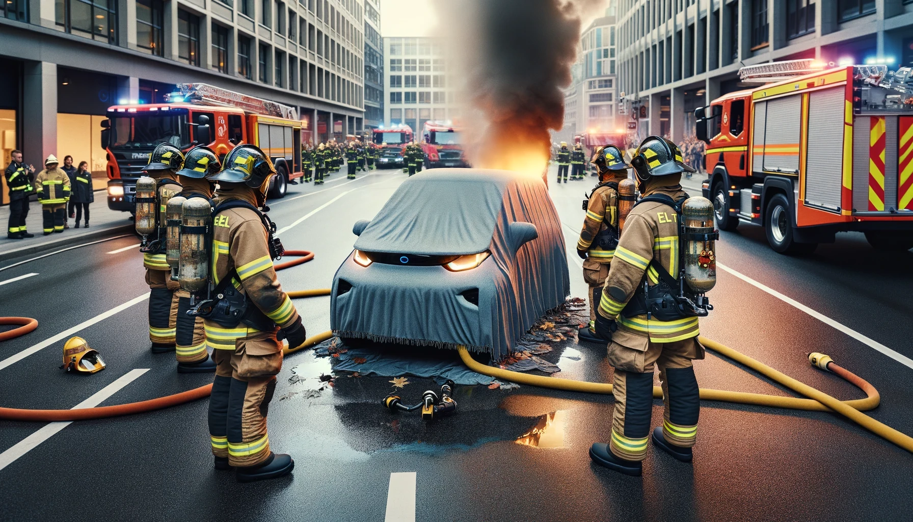 Firefighters standing around an electric vehicle (EV) with the fire blanket completely covering it. The scene shows a team of firefighters in full gea