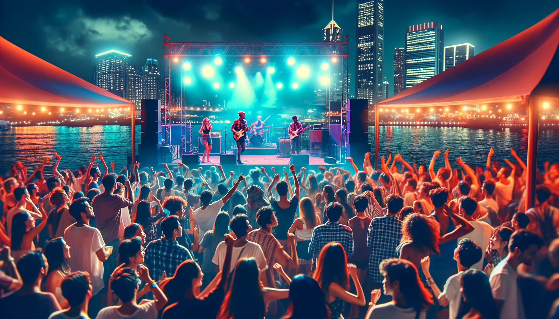 A lively scene of people dancing and having fun at a concert by the waterfront. The crowd is diverse, enjoying the music under colorful lights