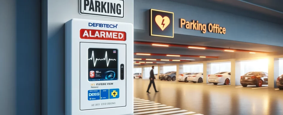 A modern parking garage entrance with a Defibtech Lifeline VIEW_ECG AED device in a white alarmed box mounted on the wall of the parking office.
