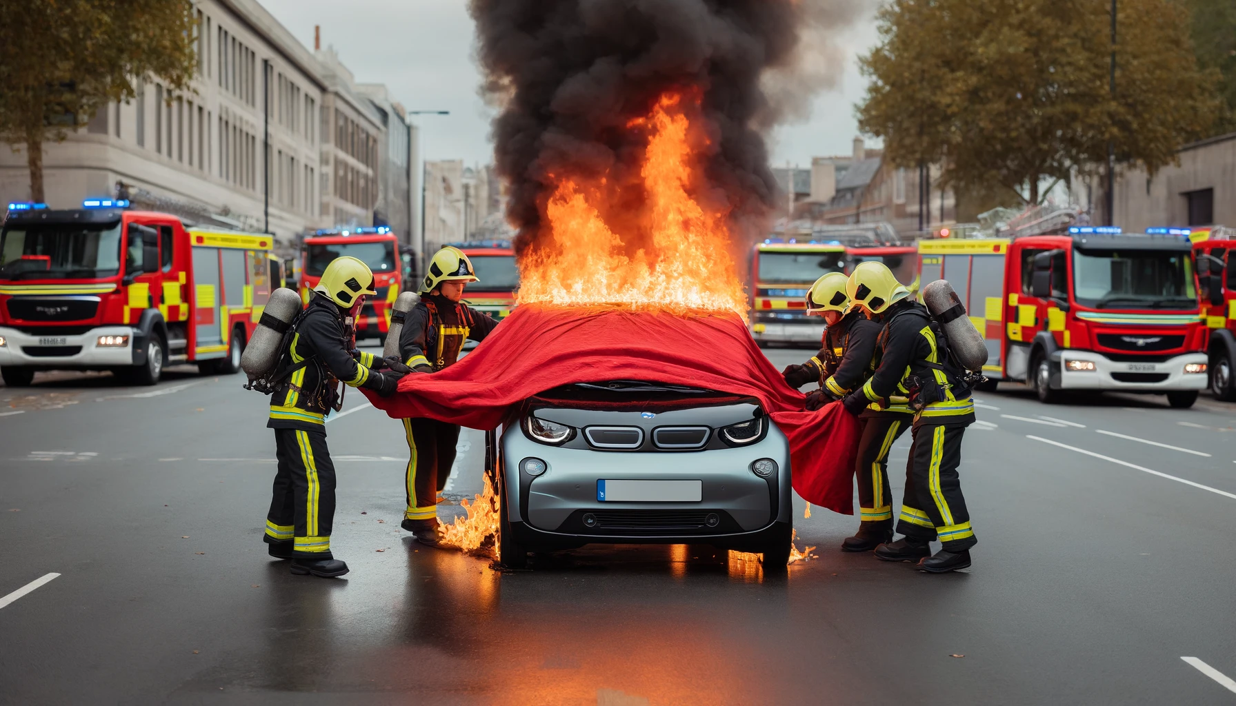 Firefighters draping a fire blanket over a burning electric vehicle (EV). The scene captures a team of firefighters, in full gear with helmets, carefu
