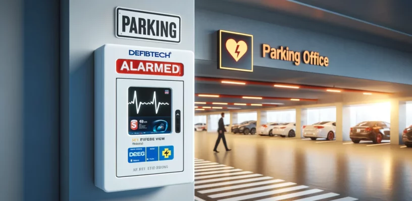 A modern parking garage entrance with a Defibtech Lifeline VIEW_ECG AED device in a white alarmed box mounted on the wall of the parking office.