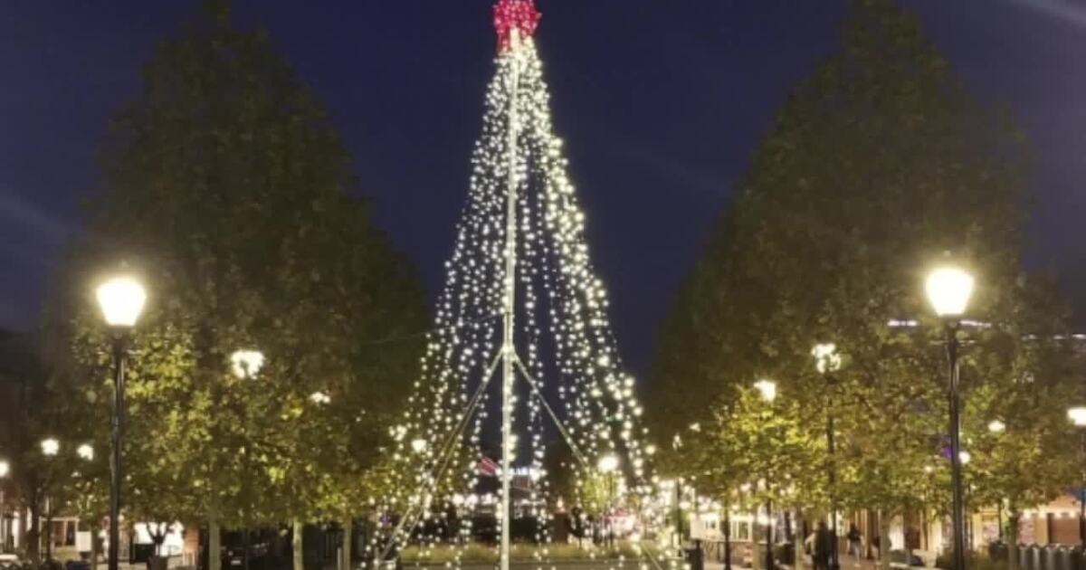 A festive Christmas tree is lit up in the middle of Fells Point, Baltimore's historic neighborhood.