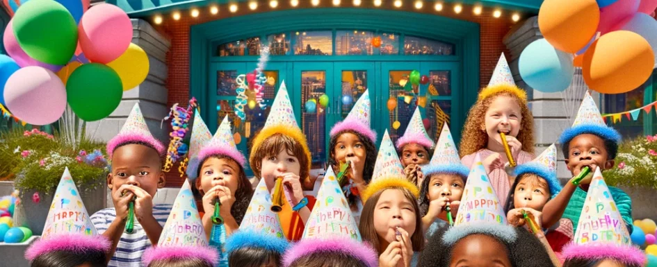 A vibrant scene at a community birthday party outside Port Discovery Children's Museum. The image features a group of children of various ethnicities