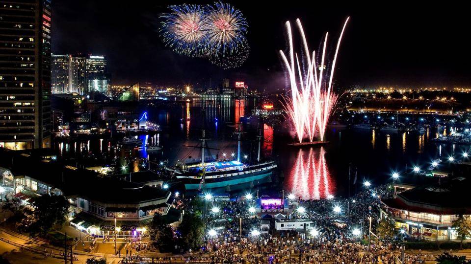 Fireworks light up the sky over a city at night.