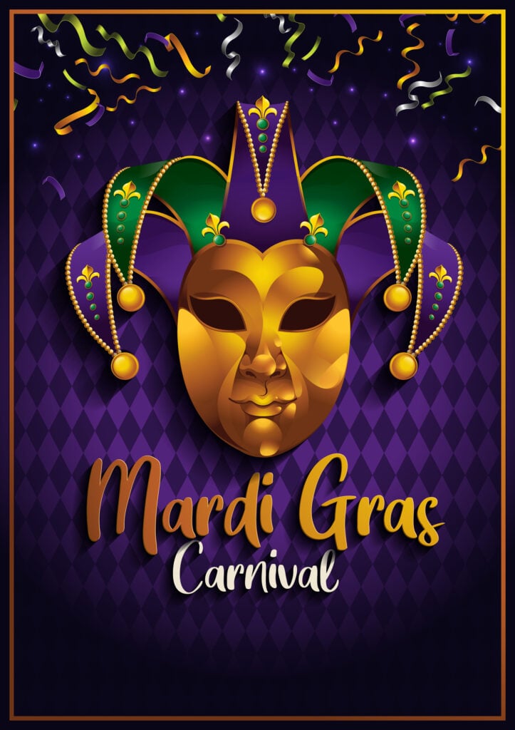 Mardi Gras carnival poster featuring a mask and confetti at Power Plant Live.