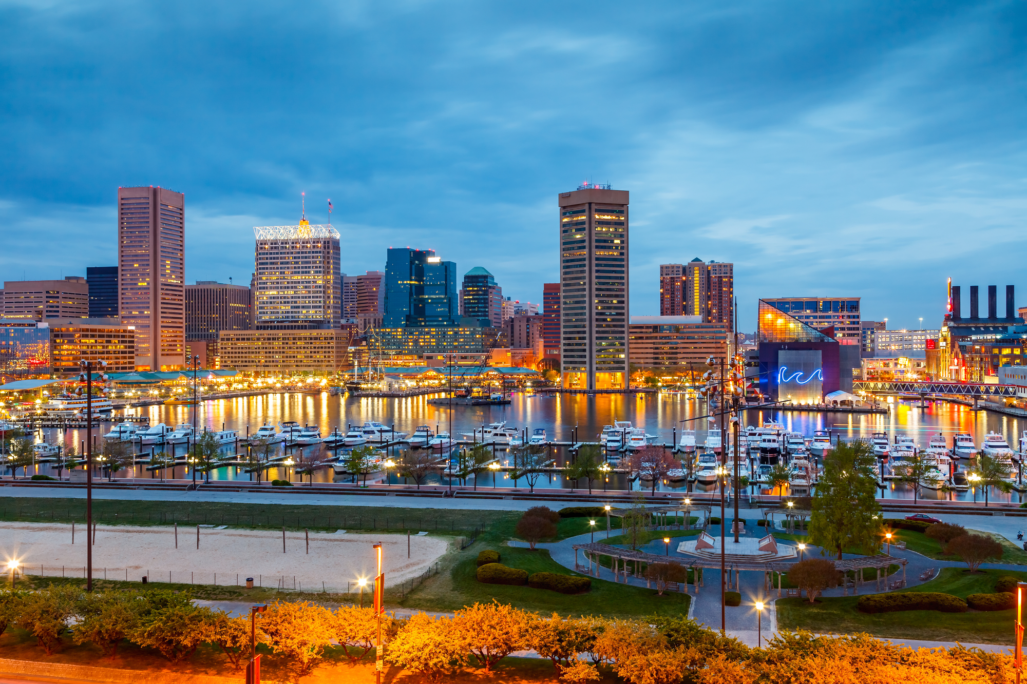 A vibrant city skyline at dusk.