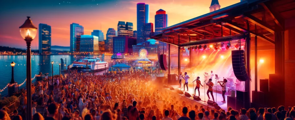 A vibrant concert scene at the Inner Harbor featuring a Latin band performing on stage, with people dancing, colorful lights illuminating the area.