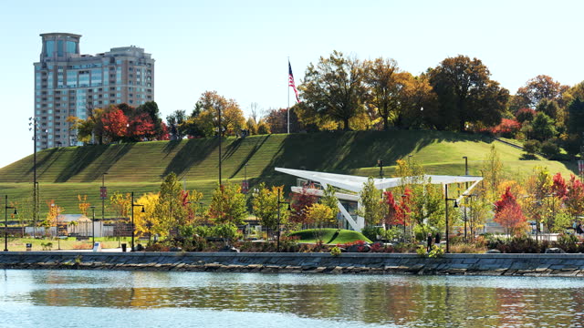 A city with a lake and Federal Hill in the background.