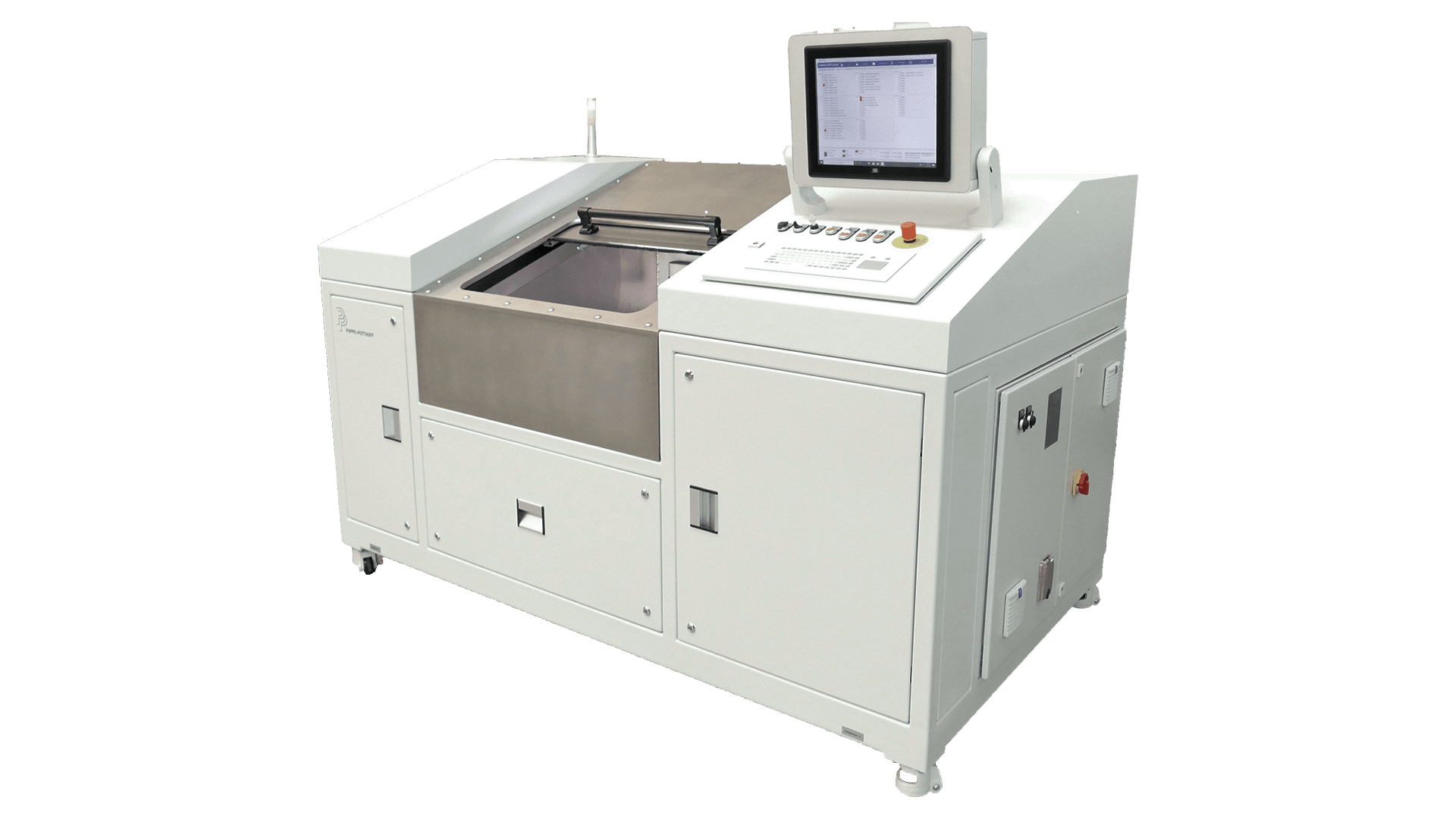 leak test stand on wheels with open security chamber,  flooded chamber for bubble test and mounted touch PC by Poppe + Potthoff Maschinenbau