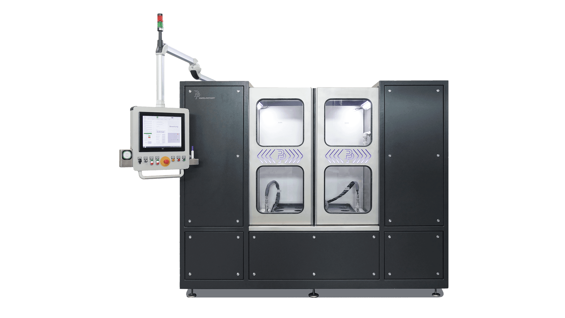 black leak test stand with automatic doors and operating PC arm by Poppe + Potthoff Maschinenbau