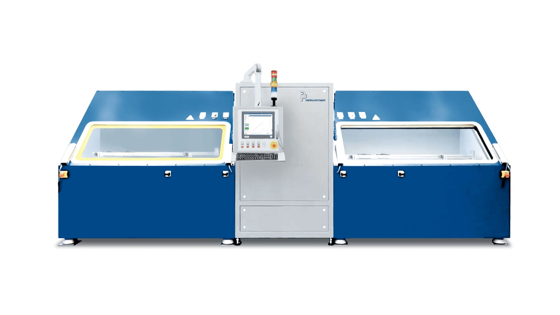 blue and white burst and pressure cycle test stand with two test chambers and a touch PC 