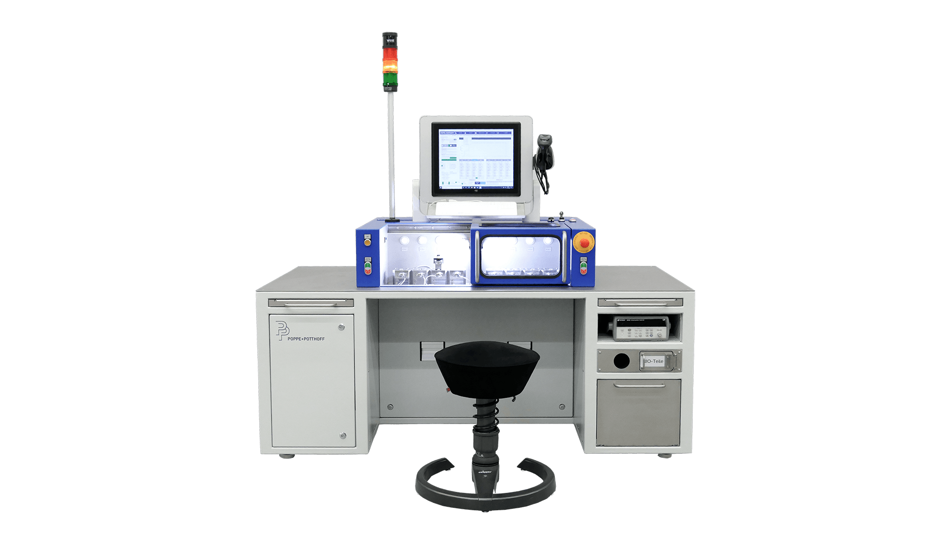 Leak test stand with over-  and under pressure with operator chair infront by Poppe + Potthoff Maschinenbau GmbH