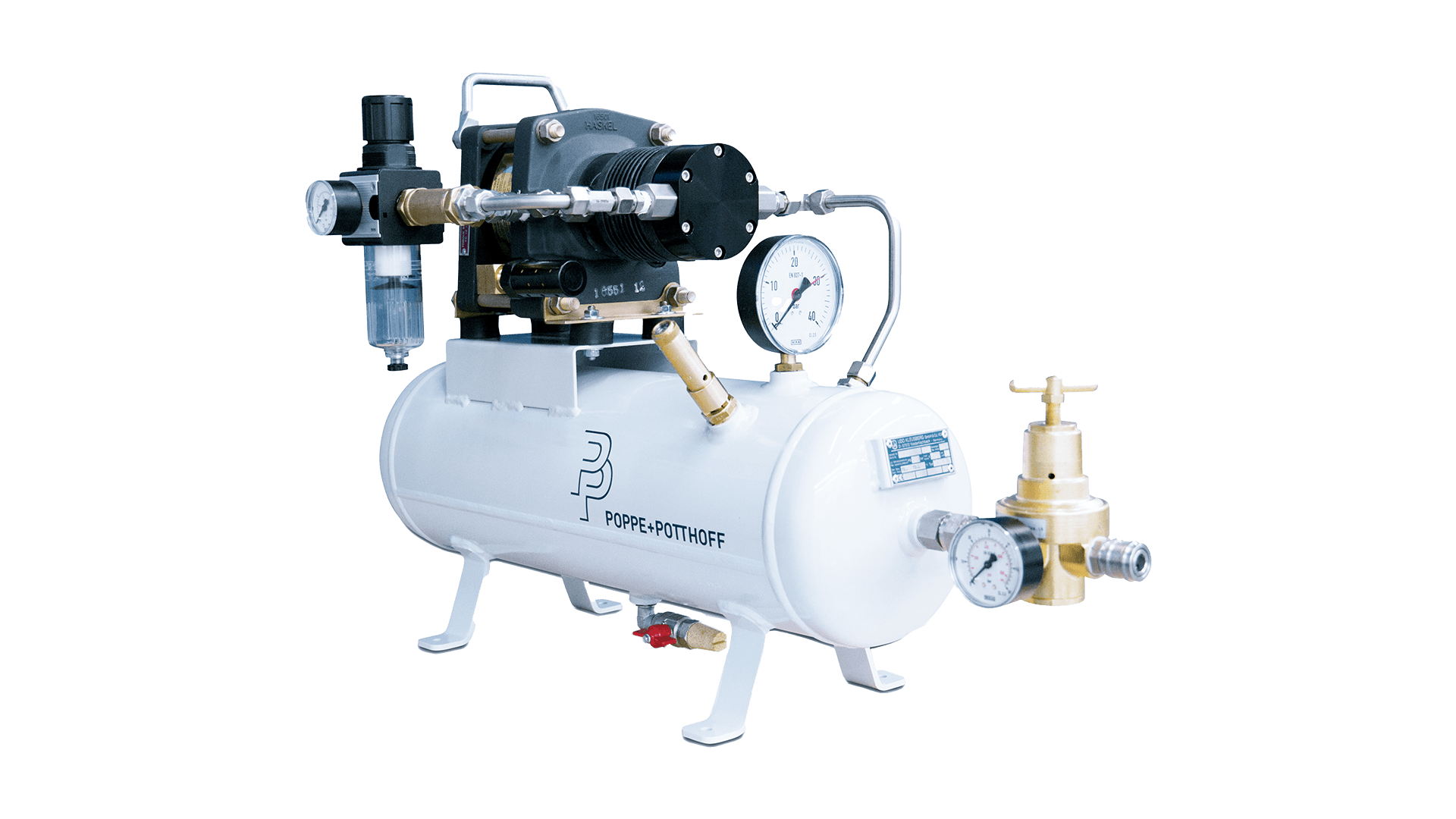 white compressed air booster with pressure gauge by Poppe + Potthoff Maschinenbau