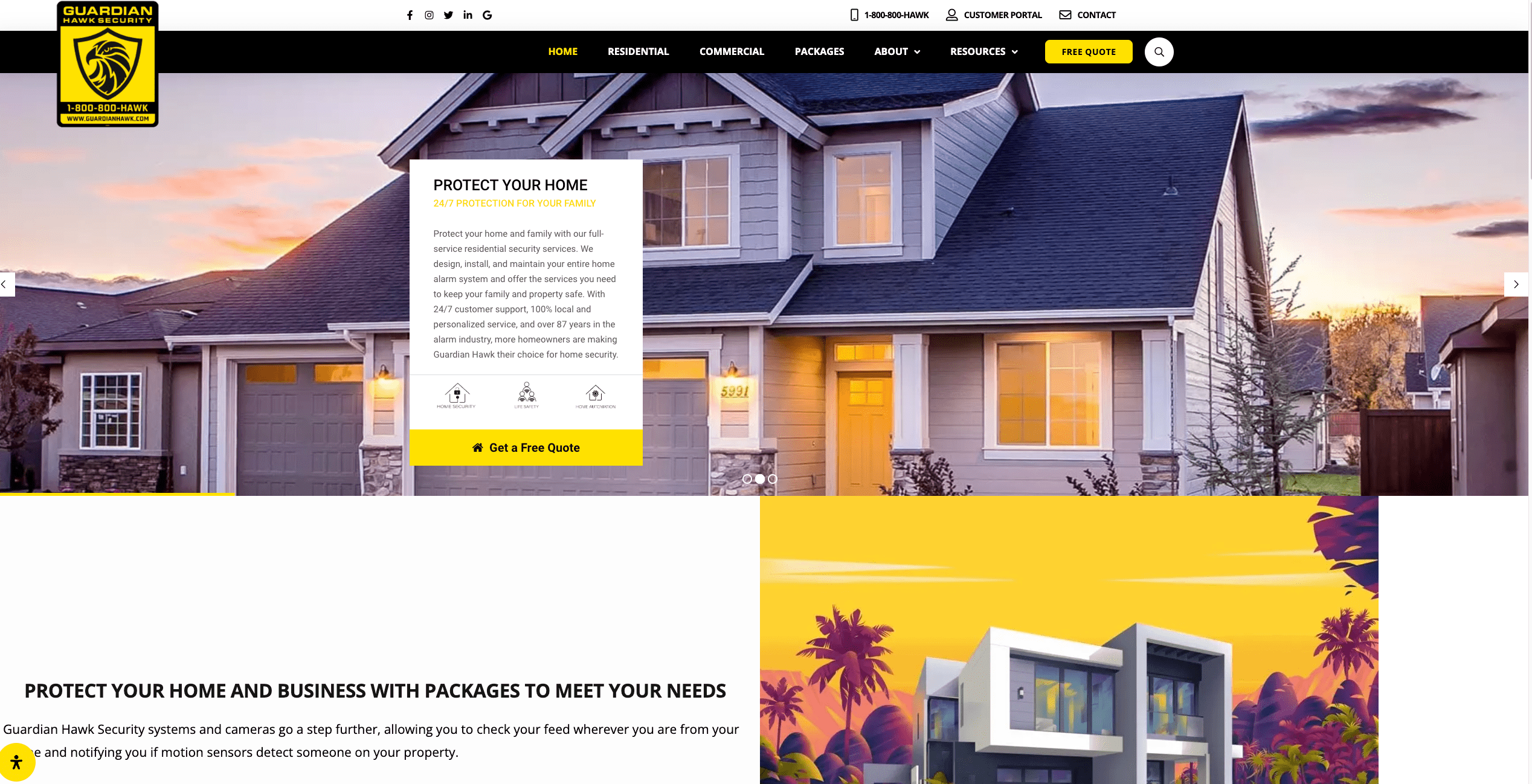 Homepage of a security company:

- Gray house image with "Protect Your Home" section
- Options to get a free quote

Below:
- Yellow graphic for Guardian home security packages