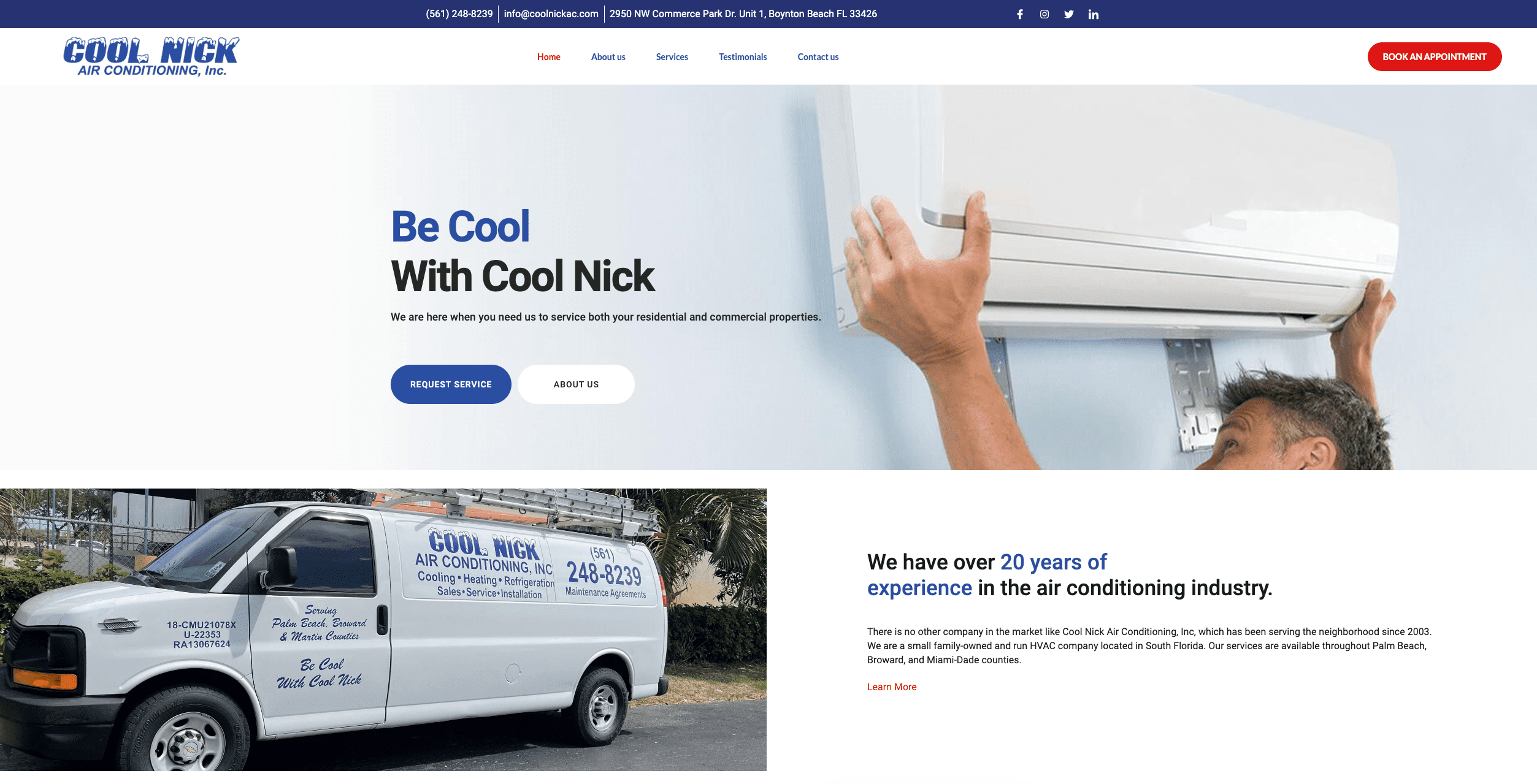 **Cool Nick's HVAC**

*Your Comfort, Our Mission*

**Over 20 Years of Industry Experience**

![Worker installing AC unit]   
![Service van]

At Cool Nick's, we bring over two decades of expertise to every job. Whether it's installing an AC unit or servicing your HVAC system, you can trust our seasoned professionals for top-notch service.

**Contact Us Today!**
**(555) 123-4567 | info@coolnickshvac.com**

Stay Cool with Cool Nick’s!