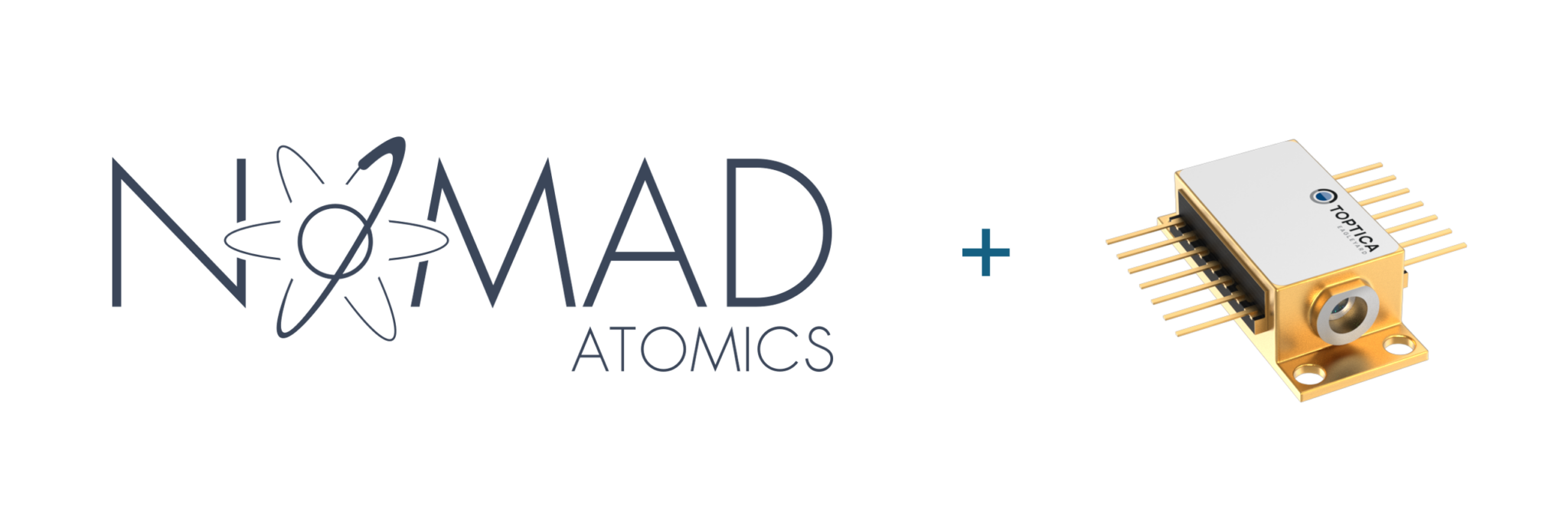 Nomad Atomics logo beside a compact TopTica electronic component, set against a sleek black background, embodies precision and innovation. It reflects how Application Insights drive seamless integration between advanced technology and real-world applications.